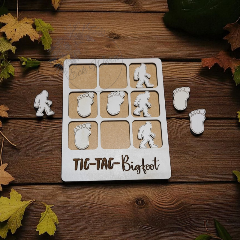 Wooden Bigfoot tic-tac-toe themed board.